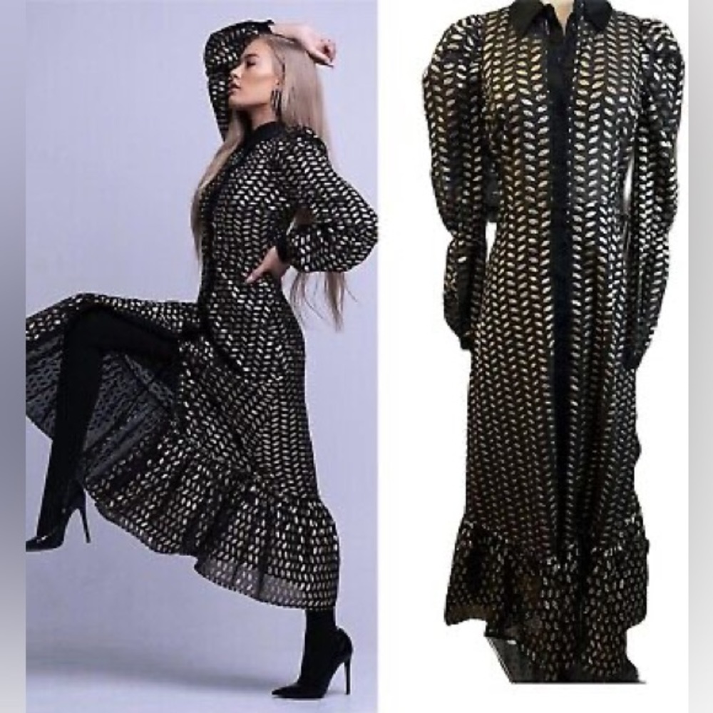 Zara Puff Long Lantern Sleeve Gold Leaf On Black Maxi Dress XS - Picture 2 of 16